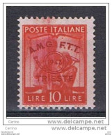 TRIESTE  A  -  VARIETA':  1948  DEMOCRATICA  -  £. 10  ARANCIO  N. -  STRISCIA  VERTICALE  DI  INCHIOSTRO  -  SASS. 31 - Ungebraucht