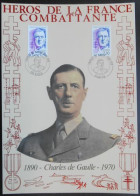 Héros De La France Combattante Charles De Gaulle Timbres De Gaulle Oblitérés Premier Jour Paris Et Lille 24 Février 1990 - Seconda Guerra Mondiale