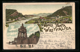 Lithographie Porta Westfalica, Kaiser Wilhelm Denkmal, Gesamtansicht  - Porta Westfalica