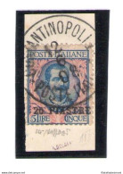 1908 Levante Costantinopoli 5 Lire Azzurro E Rosa N° 14 USATO Cert Caffaz - Andere & Zonder Classificatie