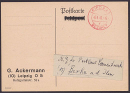 Leipzig: überdruckte Feldpostkarte, Roter K2 "Bezahlt", 6.9.45, Firmenzudruck "Ackermann, Treibriemen" - Lettres & Documents