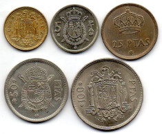 SPAIN, Set Of Five Coins 1, 5, 25, 50, 100 Pesetas, Copper-Nickel, Alum-Bronze, Year 1975, KM # 806, 807, 808, 809, 810 - Andere & Zonder Classificatie