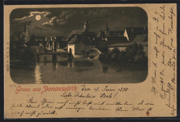 Mondschein-Lithographie Donauwörth, Ortsansicht Vom Wasser Aus  - Donauwoerth