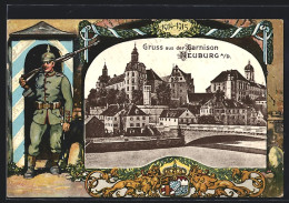 AK Neuburg A. D., Teilansicht Mit Schloss, Soldat In Uniform  - Neuburg