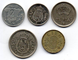 SPAIN, Set Of Five Coins 2, 5, 25, 50, 100 Pesetas, Copper-Nickel, Alum-Bronze, Year 1982, KM # 822, 823, 824, 825, 826 - Otros & Sin Clasificación