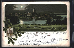 Mondschein-Lithographie Ratzeburg, Wappen, Eichenzweige, Ortsansicht Mit Gewässer  - Ratzeburg