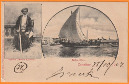 1902 - 10 C Groupe Bord De Feuille Surchargé 1 Anna Sur CP De ZANZIBAR Vers Salerno, Italia - Via Port Said, Egypte BFE - Cartas & Documentos