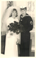 Family Social History Marriage Wedding Souvenir Photo Bride Groom Navy Uniform Flower Bouquet - Noces