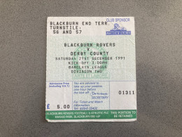 Blackburn Rovers V Derby County 1991-92 Match Ticket - Eintrittskarten