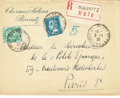 Tarifs Postaux France Du 16-07-1925 (21) Pasteur N° 179 1,00 F. + 5 C. Blanc Lettre Recommandée 1er échelon 09-01-1926 - 1922-26 Pasteur