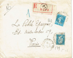 Tarifs Postaux France Du 16-07-1925 (28) Pasteur N° 179 1,00 F. + 25 C. Semeuse Lettre Recommandée  2ème échelon 28-11-1 - 1922-26 Pasteur
