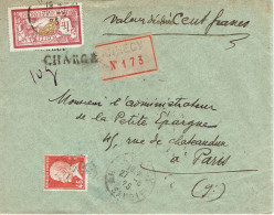 Tarifs Postaux France Du 16-07-1925 (33) Pasteur N° 175 45 C. + Merson 1,00 F.  LR Chargée 1er échelon 27-08-1925 - 1922-26 Pasteur