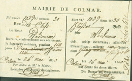 Militaria Billet De Logement Militaire Bilingue Délivré Par Mairie De Colmar 26 MAI 1830 - 1801-1848: Precursors XIX