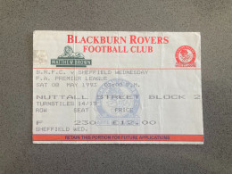 Blackburn Rovers V Sheffield Wednesday 1992-93 Match Ticket - Tickets D'entrée