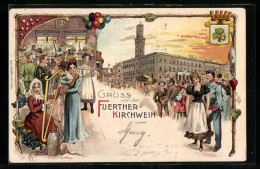 Lithographie Fürth, Kirchweih, Festbesucher Am Rathaus, Harfnerin, Ganzsache Bayern  - Cartes Postales