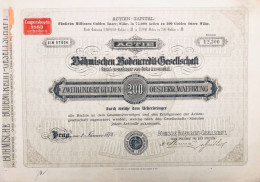 Tres Rare - Prag 1874: Part De Fondateur : Böhmische Bodencredit-Gesellschaft 200 Gulden -avec Coupons - Bank En Verzekering