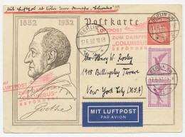Postcard Deutsches Reich / Germany 1932 Cachet Steamship Columbus - Airmail - Goethe - Aerei
