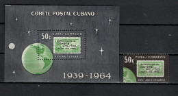 Cuba 1964 Space, 25th Anniversary Of First Rocket Mail Flight Stamp + S/s MNH - América Del Norte
