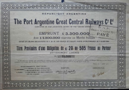 The Port Argentine Great Central Railways Cy Ltd - 1911 - Obligation De £ 20 - Chemin De Fer & Tramway