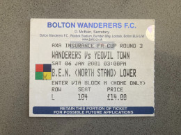 Bolton Wanderers V Yeovil Town 2000-01 Match Ticket - Tickets & Toegangskaarten