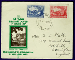 Ref 1640 - 1937 FDC First Day Cover - Sesqui-Centenary Of NSW - Berri South Australia Postmark - Omslagen Van Eerste Dagen (FDC)