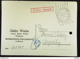 Lokal/Bar: Fern-Karte (Rechnung) Aus SACHSENBERG-GEORGENTHAL (Vogtland) Vom 31.8.45  -mit Rotem Stpl. "Gebühr Bezahlt" - Lettres & Documents