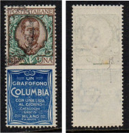 Regno 1924 - Pubblicitari - Columbia 1 Lira - Usato - Ottima Centratura - Publicité