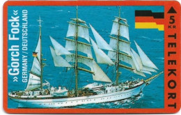 Denmark - KTAS - Ships (Red) - Germany - Gorch Fock - TDKP028B - 08.1993, 5kr, 2.000ex, Used - Denmark