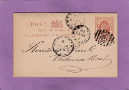 ENTIER POSTAL AVEC REPIQUAGE "THE STANDARD BANK OF SOUTH AFRICA LIMITED" DE BEAUFORT WEST POUR VICTORIA WEST,1889. - Kap Der Guten Hoffnung (1853-1904)