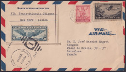 1931-H-116 CUBA REPUBLICA 10c AIRMAIL FORWARDED TRANS CLIPPER US STAMP TO SPAIN.  - Cartas & Documentos