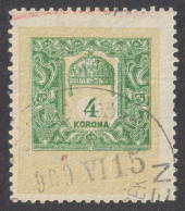 1903 Hungary Croatia Slovakia Vojvodina Serbia Romania Transylvania K.u.k Kuk Fiscal Revenue Tax Stamp - Holy CROWN 4 K - Fiscale Zegels