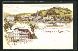 Lithographie Linz, Ortsansicht Mit Dampfer Bismark, Hotel Deutscher Kaiser Von Adolf Kister  - Linz A. Rhein