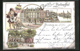 Lithographie Duisburg, Hotel Berliner Hof, Garten, Hafen  - Duisburg