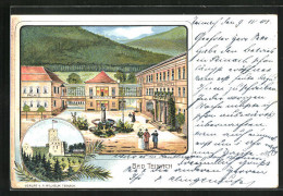 Lithographie Bad Teinach, Ruine Zavelstein Mit Kaiserreichsfahne, Badhotel Mit Brunnenhaus  - Bad Teinach
