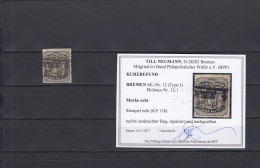 Bremen: MiNr. 12 (Type I), Gestempelt, BPP Befund - Bremen