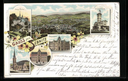 Lithographie Sebnitz, Ortsansicht, Evang. Kirche, Grenadierburg, Kath. Kirche, Rathaus, Postgebäude  - Sebnitz