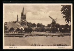 AK Werder A. H., Uferpartie Mit Kirche Und Mühle, Windmühle  - Werder