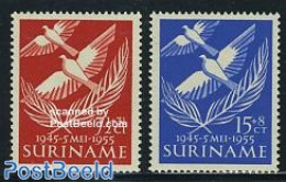 Suriname, Colony 1955 Liberation 2v, Mint NH, History - Nature - World War II - Birds - Guerre Mondiale (Seconde)