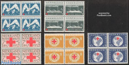 Netherlands 1957 Red Cross 5v, Blocks Of 4 [+], Mint NH, Health - Nature - Transport - Red Cross - Birds - Ships And B.. - Nuevos