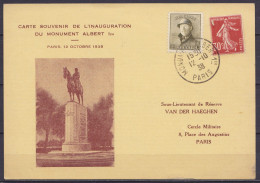 Carte Souvenir De L'inauguration Du Monument Albert 1e Affr. N°166 + Semeuse 30c Càd "MONUMENT ALBERT 1e /12-10-1938/ PA - 1919-1920 Trench Helmet