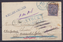 L. Double Affr. N°48 (second Timbre Collé Par-dessus Le Premier) Càd MALINES (STATION) /7 JANV 1891 Pour LYON, Réexpédié - 1884-1891 Leopold II