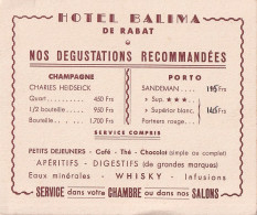 F1- RABAT (MAROC) HOTEL BALIMA - NOS DEGUSTATIONS RECOMMANDEES - CHAMPAGNE - PORTO - WHISKY - Cartes De Visite