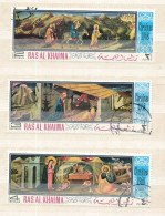 3 Timbres Oblitérés RAS AL KHAIMA I-12 Scènes De La Vie De Jésus Christ  La Naissance - La Fuite En Egypte - Religieux