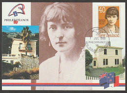 NEW ZEALAND PHILEXFRANCE 1989 KATHERINE MANSFIELD MAXI CARD - Covers & Documents