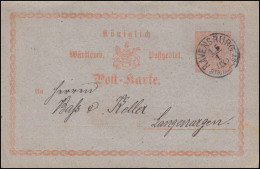 Württemberg Postkarte P 9/01 Ziffer 2 Kr. RAVENSBURG STADT-POST 15.1.(IX) 1874 - Ganzsachen