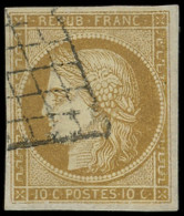 EMISSION DE 1849 - 1    10c. Bistre-jaune, Obl. GRILLE, TB - 1849-1850 Cérès