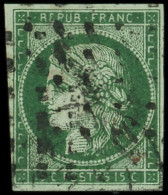 EMISSION DE 1849 - 2    15c. Vert TRES FONCE (vert Bouteille), Obl. GROS POINTS Et Càd, Infime Pelurage En Marge Touchan - 1849-1850 Ceres