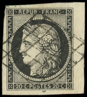 EMISSION DE 1849 - 3a   20c. Noir Sur Blanc, Petit Bdf, Obl. GRILLE, Frappe Légère, Superbe - 1849-1850 Cérès