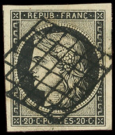 EMISSION DE 1849 - 3a   20c. Noir Sur Blanc, Grandes Marges, Obl. GRILLE, Superbe - 1849-1850 Cérès