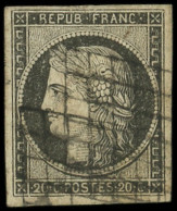 EMISSION DE 1849 - 3c   20c. GRIS-NOIR, Obl. GRILLE, TB. C - 1849-1850 Cérès